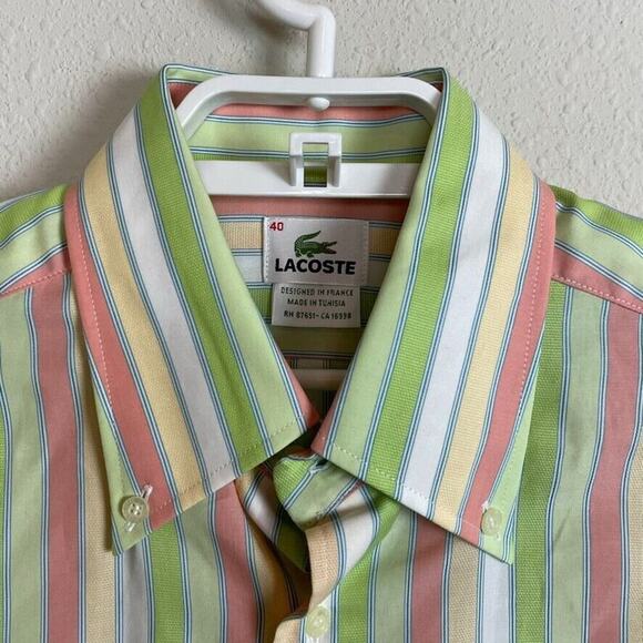 Lacoste Men's Size 40 Striped Lime Green Peach White Pointed Collar Long Sleeve - Picture 5 of 10